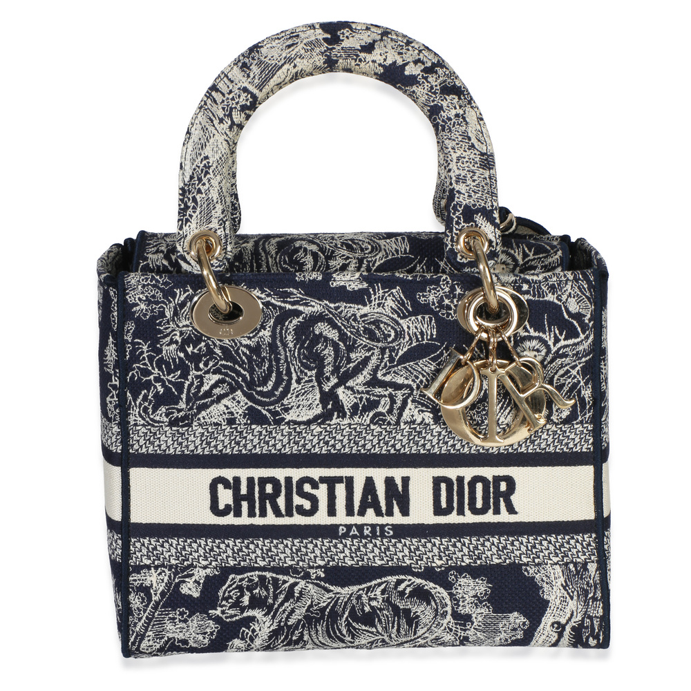 Christian Dior Navy Canvas Toile De Jouy Embroidered Medium Lady D-Lite